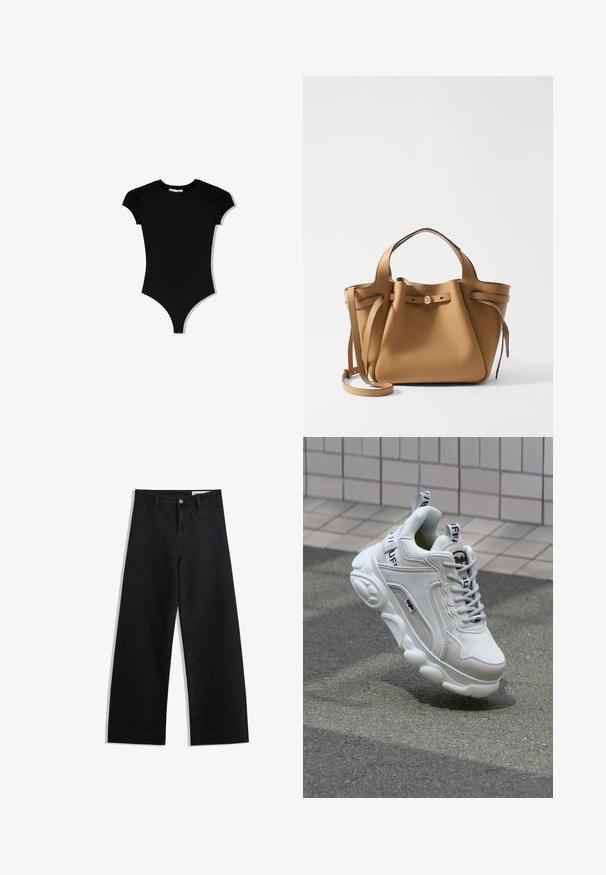 Body corto nero a maniche corte con scollatura tonda e aperture laterali alte, realizzato in un tessuto liscio e elasticizzato.; Pantaloni in denim neri a gamba larga con vita alta, dotati di tasche anteriori e posteriori, cuciture a punto, e chiusura con bottone. Texture liscia.; Sneaker bianco realizzato in materiali mesh e pelle, con punta arrotondata, suola spessa, lacci prominenti e marchio sul tallone e sulla linguetta.; Tory Burch ROMY PEBBLED SATCHEL - Borsa a mano - tiramisu