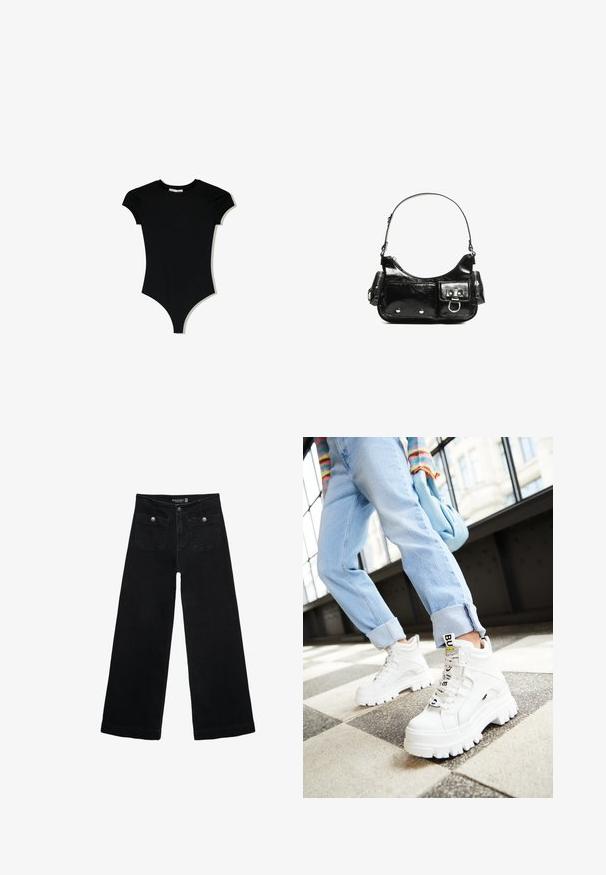 Mustat lyhythihaiset bodysuitit, joissa on pyöreä kaula-aukko ja korkealle leikattu lahje, valmistettu sileästä ja joustavasta kankaasta.; Mustat leveälahkeiset farkut korkean vyötärön kanssa, joissa on kaksi etutaskua ja metalliset nappikoristeet. Kangas on sileä.; Valkoiset paksut sneakerit paksuilla pohjilla, nauhoilla varustettu etuosa ja brändilogo. Yhdistetty vaaleansinihin käännettyihin farkkuihin kuviollisella lattialla.; Mustekko mustasta kiiltonahasta valmistettu käsilaukku, jossa on kaareva muoto, yksi olkahihna, etutaskut ja hopeanväriset yksityiskohdat.