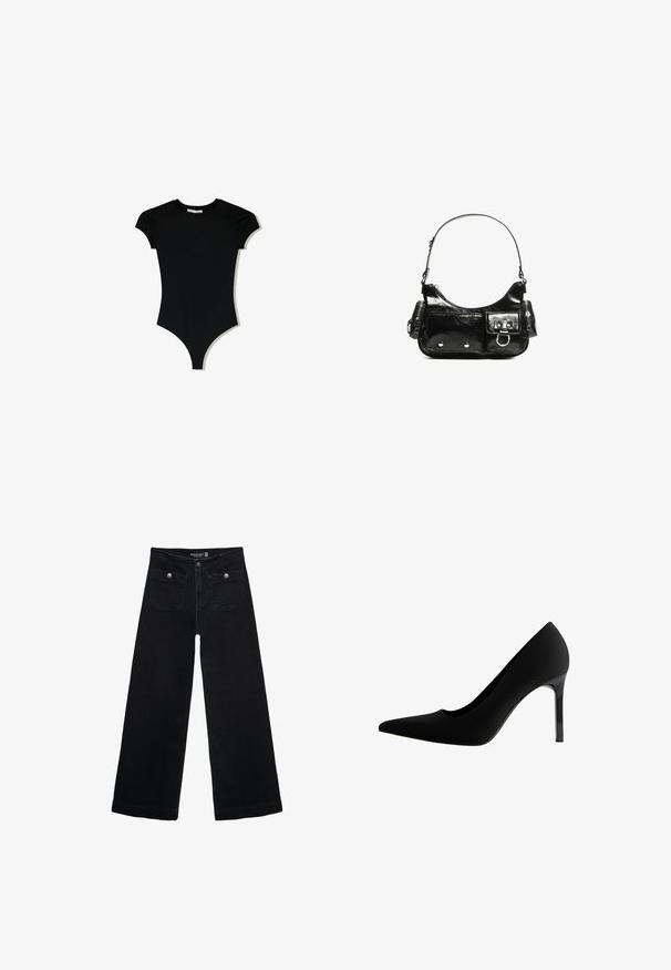 Černý body s krátkým rukávem, kulatým výstřihem a vysokými rozparky na nohavicích, vyrobený z hladkého, elastického materiálu.; Černé široké džíny s vysokým pasem, obsahující dvě přední kapsy a kovové knoflíkové detaily. Látka má hladkou texturu.; Černé lodičky na vysokém podpatku s špičatou špičkou, hladkým matným materiálem, úzkým jehlovým podpatkem a jemným výřezem v oblasti klenby.; Černá lakovaná kožená kabelka s křivkovým tvarem, jedním ramenním popruhem, předními kapsami a stříbrnými kovovými detaily.