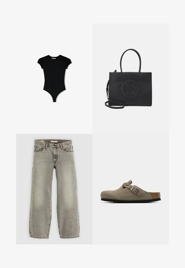 Schwarzer Kurzarm-Body mit rundem Ausschnitt und hochgeschnittenen Beingrößen, aus einem glatten, dehnbaren Stoff gefertigt.; Helle graue, weite Jeans aus Denim. Verfügt über die traditionelle Fünf-Taschen-Optik und leichte Ausbleichungen im gesamten Stoff.; Wildleder-Clogs in hellolivgrün mit einer geformten Kork- und Gummisohle. Verfügt über einen Seitenriemen mit einer metallischen Schnalle und einer abgerundeten Zehenpartie.; Schwarze Handtasche aus glattem Material mit doppelten Griffen, einem abnehmbaren Schulterriemen und einem runden, geprägten Logodetail auf der Vorderseite.