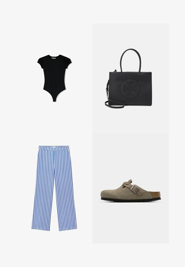 Schwarzer Kurzarm-Body mit rundem Ausschnitt und hochgeschnittenen Beingrößen, aus einem glatten, dehnbaren Stoff gefertigt.; Blaue und weiße gestreifte weite Hosen mit einem dehnbaren Bund, aus weichem Stoff gefertigt, mit vertikalen Streifen unterschiedlicher Breite.; Wildleder-Clogs in hellolivgrün mit einer geformten Kork- und Gummisohle. Verfügt über einen Seitenriemen mit einer metallischen Schnalle und einer abgerundeten Zehenpartie.; Schwarze Handtasche aus glattem Material mit doppelten Griffen, einem abnehmbaren Schulterriemen und einem runden, geprägten Logodetail auf der Vorderseite.