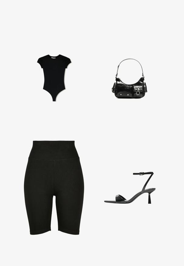 Fekete, rövidujjú bodyn, lekerekített nyakkivágással és magasra vágott lábnyílásokkal, sima, rugalmas anyagból készült.; Fekete, magas derekú kerékpáros rövidnadrág, rugalmas anyagból készült, sima tapintással és varrott szegéllyel, a kényelem és a szabad mozgás érdekében tervezve.; Bershka Magas sarkú szandálok - black; Fekete lakkbőr kézitáska ívelt formával, egy vállpánttal, elülső zsebekkel és ezüstszínű fémrészletekkel.