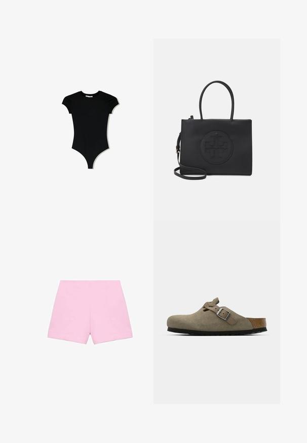 Black short-sleeve bodysuit with a rounded neckline and high-cut leg openings, made from a smooth, stretchy fabric.; Pink tailored shorts with a smooth texture, featuring a structured design and clean lines. The cut is straight and above knee length.; Suede clogs in light olive green with a molded cork and rubber sole. Features a side strap with a metal buckle and a rounded toe.; Black handbag made of smooth material with dual handles, a detachable shoulder strap, and a round embossed logo detail on the front.