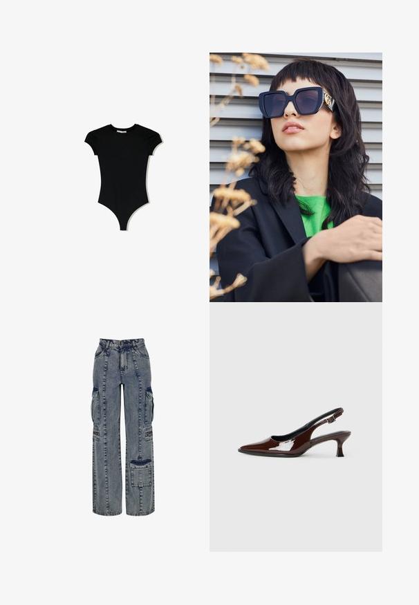 Fekete, rövidujjú bodyn, lekerekített nyakkivágással és magasra vágott lábnyílásokkal, sima, rugalmas anyagból készült.; Világoskék farmer cargo nadrág. Széles lábakkal, több oldalsó zsebbel és kontrasztos sötét farmer betétekkel rendelkezik. Visszajelző varrásokkal van kialakítva.; Barna lakkbőr slingback cipő hegyes orral és mérsékelt sarkal. Biztonságos illeszkedést biztosító csattal rendelkezik. Sima textúra.; Túlméretezett fekete napszemüveg vastag kerettel és arany díszítéssel, fekete blézerral és élénk zöld inggel viselve, vízszintes háttér előtt.