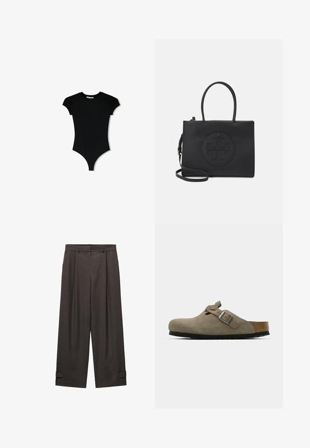 Czarny bodysuit z krótkim rękawem, o okrągłym dekolcie i wysokich wycięciach na nogawkach, wykonany z gładkiego, elastycznego materiału.; Ciemnobrązowe spodnie szerokie z plisami z przodu, z pętelkami na pasek w talii i mankietami u dołu, wykonane z gładkiego materiału.; Zamszowe klapki w jasnym oliwkowym kolorze z formowaną korkową i gumową podeszwą. Posiadają boczny pasek z metalowym sprzączką oraz zaokrąglony czubek.; Czarna torebka wykonana z gładkiego materiału z podwójnymi uchwytami, odpinanym paskiem na ramię i okrągłym wytłoczonym logo na przodzie.