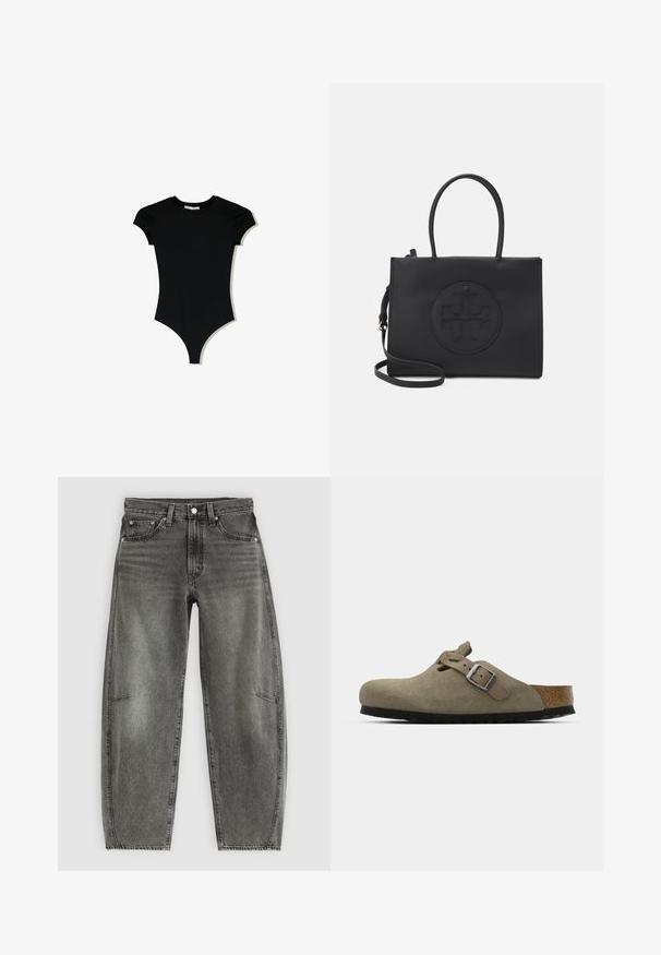 Mustat lyhythihaiset bodysuitit, joissa on pyöreä kaula-aukko ja korkealle leikattu lahje, valmistettu sileästä ja joustavasta kankaasta.; Vaaleanharmaat korkeavyötäröiset, pesetyt farkut viidellä taskulla, nappikiinnitys ja rento suora lahje.; Korkkipohjaiset mokkanahkaiset klossit vaaleassa oliivinvihreässä. Varustettu metallisoljella ja pyöristetyllä varpaalla.; Musta käsilaukku, joka on tehty sileästä materiaalista, jossa on kaksi kahvaa, irrotettava olkahihna ja pyöreä kohokuvioitu logo yksityiskohta edessä.