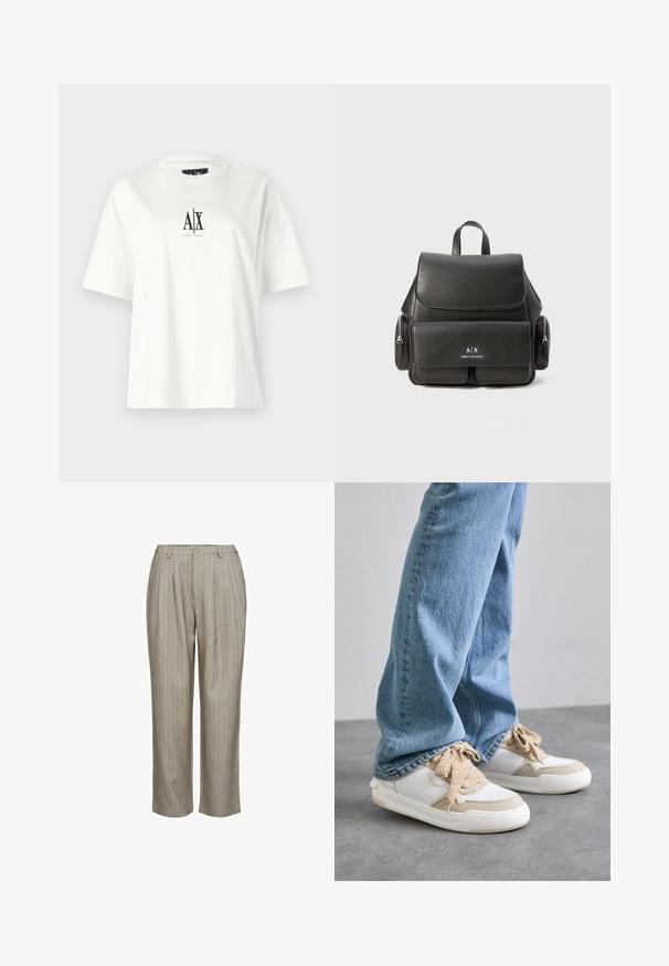 T-shirt bianca in cotone con maniche corte, vestibilità rilassata e stampa del logo nera al centro anteriore. Tessuto liscio, senza ulteriori motivi.; Pantaloni plissettati grigio chiaro con righe verticali, realizzati in un tessuto testurizzato. Presentano un cinturino con un singolo bottone e una linea dritta.; Sneaker bianche e beige con pannelli testurizzati, dotate di lacci beige e suola in gomma, abbinate a jeans in denim azzurro chiaro.; Zaino in pelle nera con chiusura a pattina, tasca frontale, scomparti laterali con cerniera e manico superiore. Presenta dettagli con logo sul fronte.