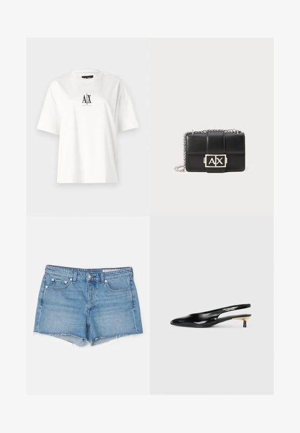 White cotton t-shirt featuring short sleeves, a relaxed fit, and a black logo print on the front center. Smooth texture, no additional patterns.; rag & bone Denim shorts - light blue; Black slingback pump with a pointed toe, glossy leather finish, and a small heel with a gold accent. Sleek design with a open back.; Black leather handbag with quilted design, silver chain strap, and a prominent silver "AX" logo on the front. Compact rectangular shape.