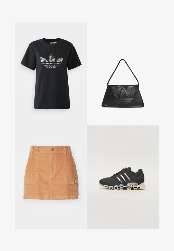 Black cotton t-shirt with short sleeves featuring a large silver and brown graphic of the Adidas logo and three stripes on the front.; Corduroy mini skirt in light brown, featuring a high waistband, front pockets, and a smooth texture with vertical ribbing.; Black athletic shoe with a textured upper, three silver stripes, and a distinctive cushioning sole featuring multiple integrated sections.; Black leather handbag with a trapezoidal shape, featuring a raised Adidas logo design and a thin shoulder strap. Zipper closure at the top.