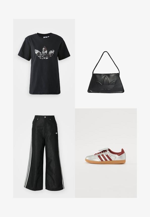 Black cotton t-shirt with short sleeves featuring a large silver and brown graphic of the Adidas logo and three stripes on the front.; Black wide-leg denim pants with three white stripe accents on each side and a small white logo. Features front pockets and a button closure.; Silver athletic shoes with red stripes, a textured gum sole, and a Velcro strap on top. Features a smooth leather finish and padded collar.; Black leather handbag with a trapezoidal shape, featuring a raised Adidas logo design and a thin shoulder strap. Zipper closure at the top.