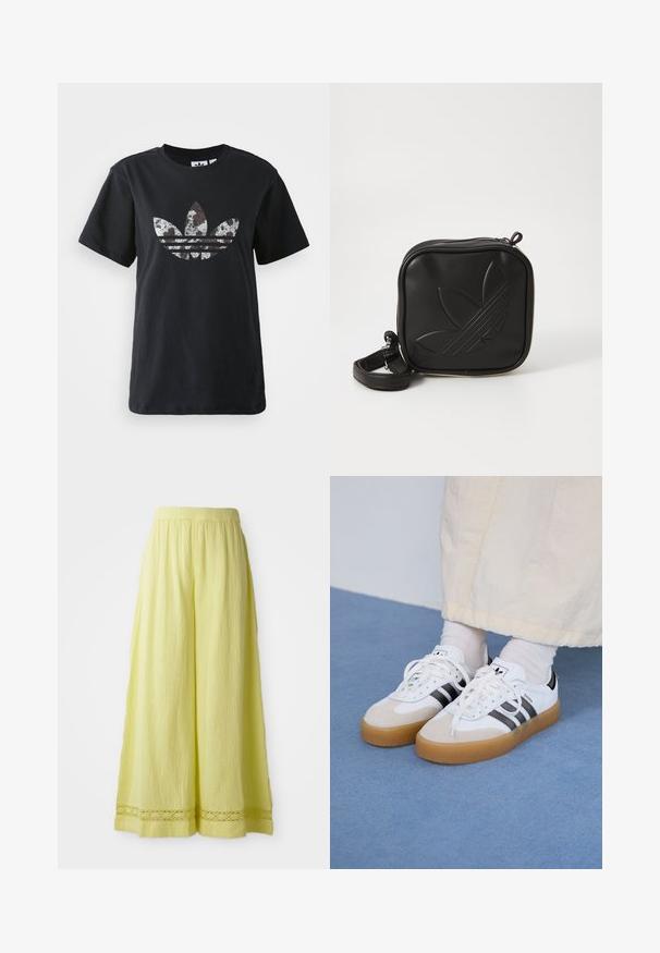 Black cotton t-shirt with short sleeves featuring a large silver and brown graphic of the Adidas logo and three stripes on the front.; Yellow wide-leg trousers made of textured fabric with an elastic waistband. Features a crochet-like detail at the hem.; White sneakers with black stripes and beige suede accents. Feature a textured gum sole and flat white laces, worn with light-colored socks.; Black square crossbody bag made of textured synthetic material. Features an embossed logo design and adjustable strap. Zipper closure.