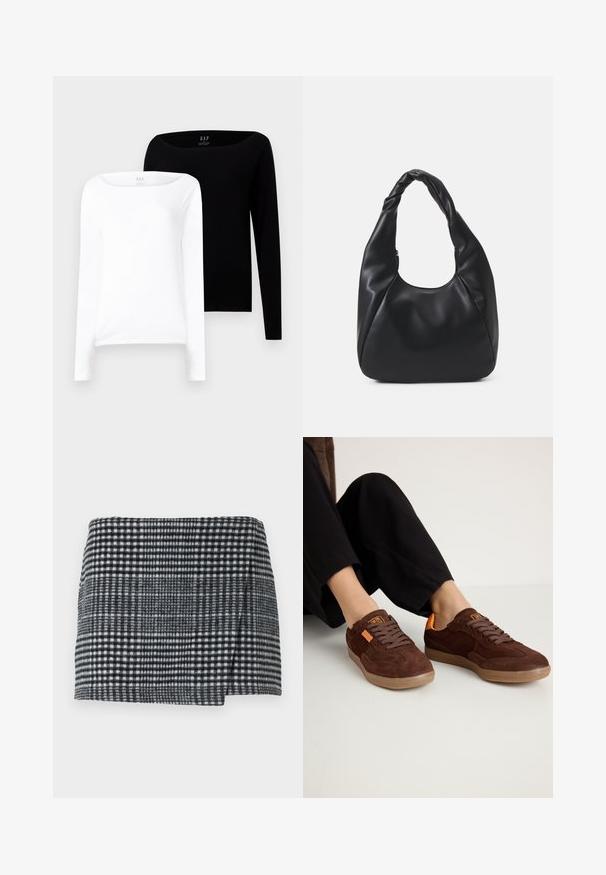 Deux hauts à manches longues. Un blanc et un noir, tous deux en coton léger avec un large décolleté bateau et une coupe slim.; Jupe mini en laine présentant un motif pied-de-poule noir et blanc, coupe droite avec un ourlet légèrement asymétrique, et tissu texturé.; Baskets en daim marron avec un bout rond, un dessus texturé et des accents orange. Elles présentent des lacets plats et une semelle en caoutchouc.; Sac hobo noir en matériau semblable à du cuir, avec une anse torsadée, arborant une forme douce et arrondie, et une fermeture zippée sur le dessus.; Ensemble de douze boucles d'oreilles créoles en tons argent et or. Comprend des designs torsadés, lisses et texturés avec différentes tailles et finitions.