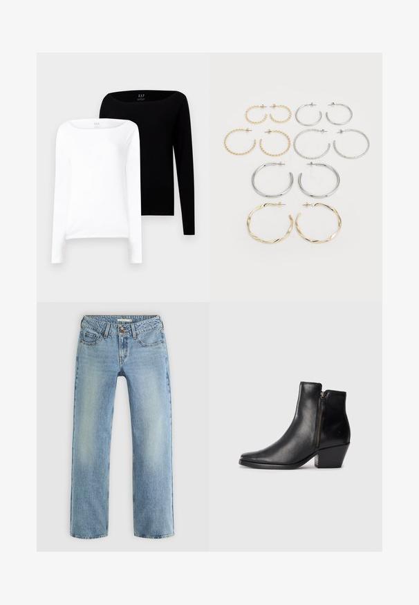 Kaks pikka varrukatopsi. Üks valge ja teine must, mõlemad kerged puuvillased, laia paadikaeluse ja kitsaste lõigetega.; Heledad sinise värvi sirged teksapüksid, mis on valmistatud denimist, varustatud nupuluku ja viie taskuga, ning neil on jalgadele peened hajumised.; Must musta ankle saapad terava ninaga, külgzipperiga ja paksu kontsaga. Sile tekstuur ja minimalistik disain.; Kaksitoista rõngaskõrvarõngast hõbe- ja kuldtoonides. Sisaldab keerutatud, siledat ja tekstureeritud disaini erinevates suurustes ja viimistlustes.