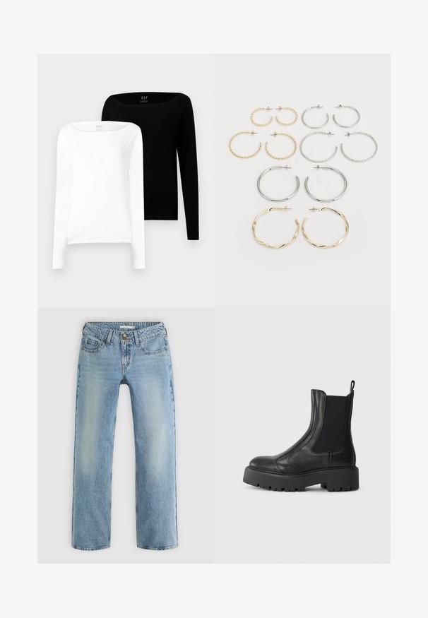 Dva ženska majice s dugim rukavima. Jedna bijela i jedna crna, obje od laganog pamuka s širokim izrezom i uskim krojem.; Svijetloplavi traperice ravnog kroja, izrađene od denima, s kopčanjem na dugme, pet džepova i suptilnim izblijeđivanjem duž nogu.; Crne kožne gležnjače s elastičnim bočnim panelima, zaobljenim vrhom i debelim teksturiranim gumenenim đonom. Imaju uvučenu petlju straga.; Set od dvanaest naušnica u obliku obruča u srebrnim i zlatnim tonovima. Uključuje isprepletene, glatke i teksturirane dizajne s raznim veličinama i završnim obradama.