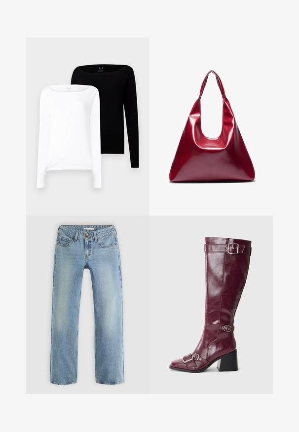 Two long-sleeve tops. One white and one black, both lightweight cotton with a wide boat neckline and slim fit.; Light blue straight-leg jeans made of denim, featuring a button closure, five pockets, and subtle fading along the legs.; Burgundy leather knee-high boots with a pointed toe, silver buckles, and a block heel. Features a smooth, shiny texture.; Red glossy leather handbag with a triangular shape, wide top opening, and a single curved handle. Smooth texture with minimal stitching details.; Set of twelve hoop earrings in silver and gold tones. Includes twisted, smooth, and textured designs with various sizes and finishes.