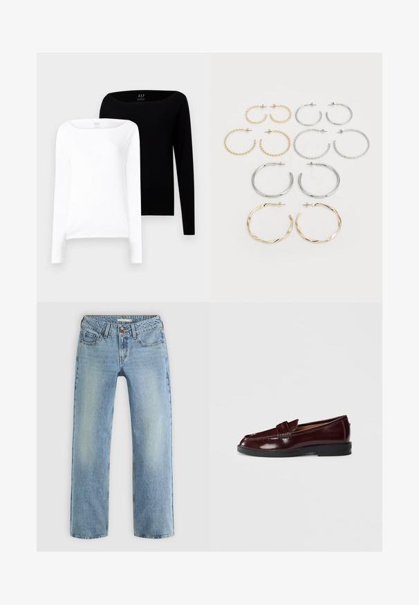 Two long-sleeve tops. One white and one black, both lightweight cotton with a wide boat neckline and slim fit.; Light blue straight-leg jeans made of denim, featuring a button closure, five pockets, and subtle fading along the legs.; Dark burgundy leather loafer with a black sole, penny strap detail, and low heel, shown from the outer side on a white background.; Set of twelve hoop earrings in silver and gold tones. Includes twisted, smooth, and textured designs with various sizes and finishes.