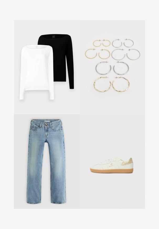 To lange ermer. En hvit og en svart, begge i lett bomull med bred båtutringning og slim fit.; Lys blå rette jeans laget av denim, med knappeåpning, fem lommer og subtil falming langs bena.; Replay PYPER W TRADE - Joggesko - white; Sett med tolv hoop øredobber i sølv- og gulltoner. Inkluderer vridde, glatte og teksturerte design med ulike størrelser og overflater.