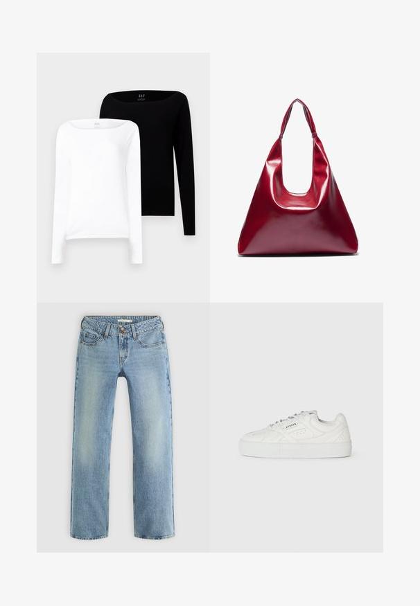 Kaksi pitkähihasta paitaa. Toinen valkoinen ja toinen musta, molemmat kevyttä puuvillaa, jossa on leveä venepääntie ja kapea malli.; Vaaleansiniset suorat farkut, joissa on napitus, viisi taskua ja huomaamatonta haalistumista lahkeilla.; Valkoinen matalakorkoinen tennari, jossa on nauhakiinnitys, rei'itettyjä yksityiskohtia ja "CPNHGN" painettuna sivulle, valkoista taustaa vasten.; Punainen kiiltävä nahkakäsilaukku, jossa on kolmiomainen muoto, leveä yläaukko ja yksi kaareva kahva. Tasainen pinta, jossa on minimaalinen ommeltyyli.; Kaksitoista rengaskiinnityksellä olevaa korvakorua hopea- ja kultasävyissä. Mukana on kiemuraisia, sileitä ja teksturoituja malleja eri kokoisina ja viimeisteltyinä.