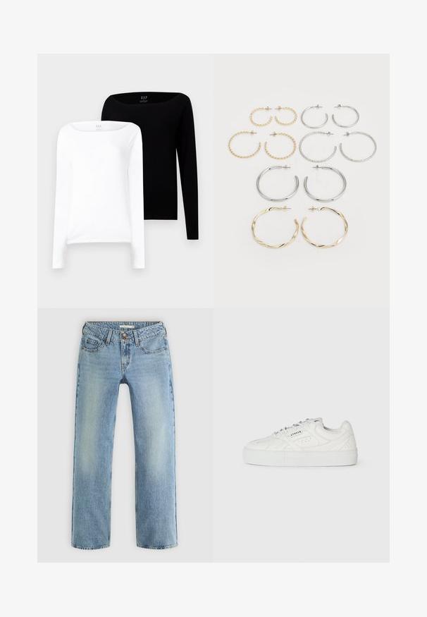 Zwei Langarmoberteile. Eines weiß und eines schwarz, beide aus leichtem Baumwollstoff mit einem weit ausgeschnittenen Bootsausschnitt und schmaler Passform.; Hellblaue gerade geschnittene Jeans aus Denim, mit Knopfverschluss, fünf Taschen und subtiler Ausbleichung entlang der Beine.; Weiße Low-Top-Sneaker mit Schnürdesign, durchbrochenen Details und "CPNHGN"-Druck an der Seite, auf einem schlichten weißen Hintergrund.; Set aus zwölf Ohrhängern in Silber- und Goldtönen. Enthält gedrehte, glatte und strukturierte Designs in verschiedenen Größen und Oberflächen.