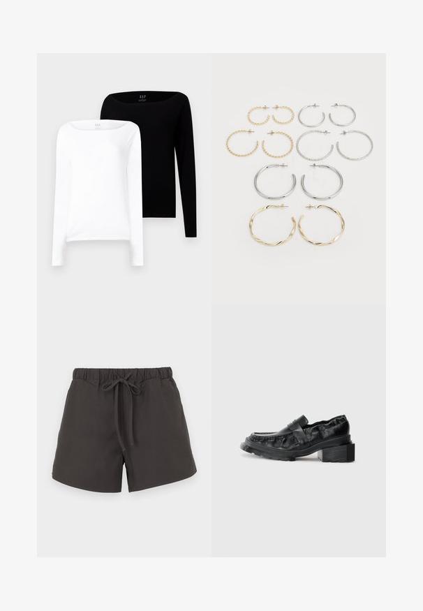 Két hosszú ujjú felső. Az egyik fehér, a másik fekete, mindkettő könnyű pamutból készült, széles vízszintes nyakkivágással és slim fit szabással.; Sötétszürke pamut rövidnadrág rugalmas derékkal, állítható zsinórral és laza szabással. Simaszövet, látható minták vagy díszítések nélkül.; Fekete bőr loaferek, strukturált talppal, enyhén megemelt blokk sarkúak, texturált felsőrésszel, elöl pánttal rögzítve.; Tizenkét darabból álló fülgyűrű készlet ezüst és arany árnyalatokban. Csavarodott, sima és texturált mintázatokat ölel fel, különböző méretekben és felületekkel.
