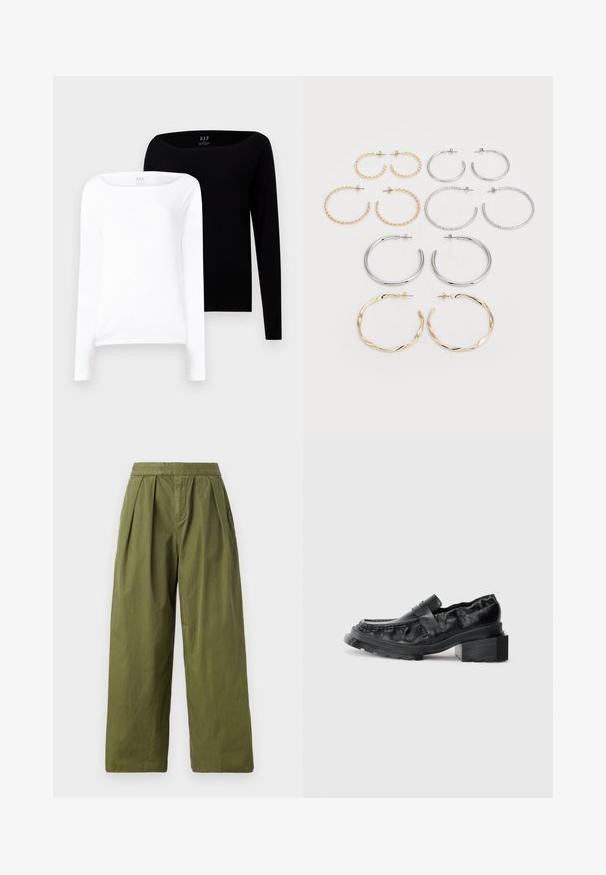 Twee langmouwige tops. Eén wit en één zwart, beide van lichtgewicht katoen met een brede boot halslijn en slim fit.; Olijfgroene wijde broek van lichtgewicht stof, met plooien bij de taille en een naadloze structuur zonder zakken.; Zwarte leren instappers met een gestructureerde zool, voorzien van een iets verhoogde blokhak en een textuur bovenkant, bevestigd met een voorkantriem.; Set van twaalf creolen in zilver- en goudernormen. Bevat gedraaide, gladde en textuurontwerpen in verschillende maten en afwerkingen.