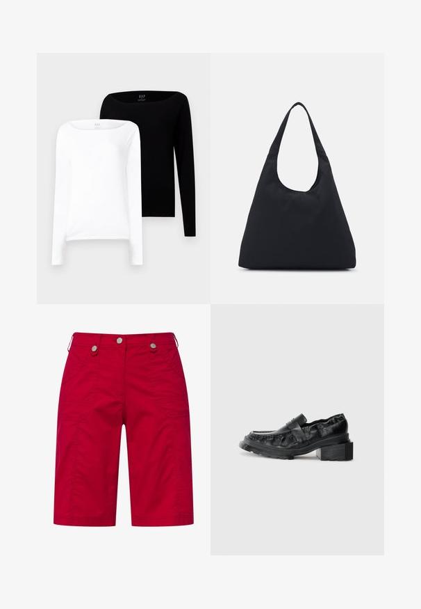 To lange langærmede bluser. En hvid og en sort, begge i let bomuld med bred bådhals og tætsiddende pasform.; Røde cargo shorts lavet af bomuld med to sidelommer, dekorativ syning og sølvfarvede knaplukninger ved taljen.; Sorte læderloafers med en struktureret sål, der har en let forhøjet blokhæl og en tekstureret overdel, sikret med en frontrem.; Sort stofpose med en enkelt, bred skulderrem. Blød, semi-struktureret form og glat tekstur; minimalistisk design uden synligt hardware.; Sæt med tolv hoop øreringe i sølv- og guldfarver. Inkluderer snoede, glatte og teksturerede designs i forskellige størrelser og overflader.