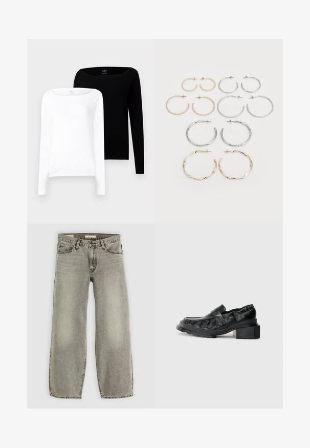 Dva ženska majice s dugim rukavima. Jedna bijela i jedna crna, obje od laganog pamuka s širokim izrezom i uskim krojem.; Svijetlosive traperice širokog kroja. Imaju tradicionalni stil s pet džepova i lagano su izblijedjele kroz cijelu tkaninu.; Crne kožne mokasine sa čvrstim potplatom, s blagim blok petom i teksturiranim gornjim dijelom, učvršćenim prednjom trakicom.; Set od dvanaest naušnica u obliku obruča u srebrnim i zlatnim tonovima. Uključuje isprepletene, glatke i teksturirane dizajne s raznim veličinama i završnim obradama.