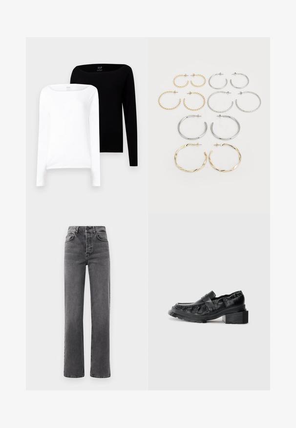 Dva dolgoročna zgornja dela. Ena bela in ena črna, oba iz lahkega bombaža z širokim čolnastim izrezom in ozkim krojem.; Visoko pasu, ravne hlače iz temno sive denima, z zankami za pas, petimi žepi in subtilnimi detajli bledenja na tkanini.; Črne usnjene loferice s strukturirano podplatom, ki imajo nekoliko dvignjen blok peto in teksturirano zgornji del, zavarovane s sprednjim pasom.; Set dvanajstih uhvorov v srebrnih in zlatih odtenkih. Vključuje zvite, gladke in teksturirane modele v različnih velikostih in končnih obdelavah.