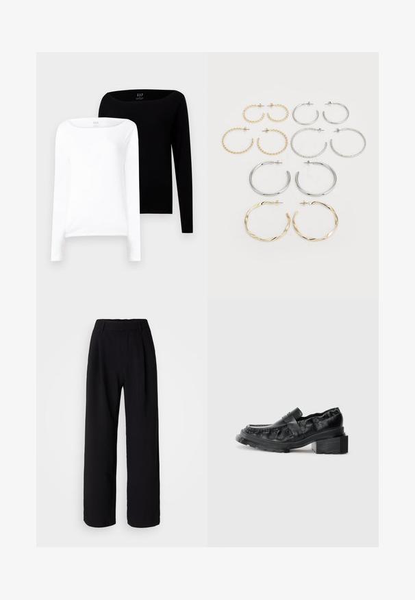 Two long-sleeve tops. One white and one black, both lightweight cotton with a wide boat neckline and slim fit.; Black wide-leg trousers made from a smooth fabric. Features a fitted waistband and front pleats for added volume. Tailored design.; Black leather loafers with a structured sole, featuring a slightly raised block heel and a textured upper, secured by a front strap.; Set of twelve hoop earrings in silver and gold tones. Includes twisted, smooth, and textured designs with various sizes and finishes.