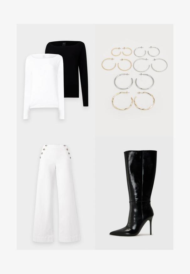 Twee langmouwige tops. Eén wit en één zwart, beide van lichtgewicht katoen met een brede boot halslijn en slim fit.; Witte wijde broek van katoen, met grote decoratieve knopen aan de zijkanten, een gladde textuur en nette naden.; Zwarte leren kniehoge laarzen met een spitse neus en hoge stiletto hak. Soepele textuur en strak ontwerp, met minimale detailing.; Set van twaalf creolen in zilver- en goudernormen. Bevat gedraaide, gladde en textuurontwerpen in verschillende maten en afwerkingen.