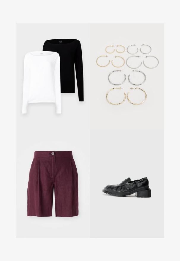 Dva dolgoročna zgornja dela. Ena bela in ena črna, oba iz lahkega bombaža z širokim čolnastim izrezom in ozkim krojem.; Burgundske lanene kratke hlače z prilagojenim krojem, ki vključujejo gumbasto zapiranje, sprednje zgube in bočne žepe, gladko teksturo in dolžino do kolen.; Črne usnjene loferice s strukturirano podplatom, ki imajo nekoliko dvignjen blok peto in teksturirano zgornji del, zavarovane s sprednjim pasom.; Set dvanajstih uhvorov v srebrnih in zlatih odtenkih. Vključuje zvite, gladke in teksturirane modele v različnih velikostih in končnih obdelavah.