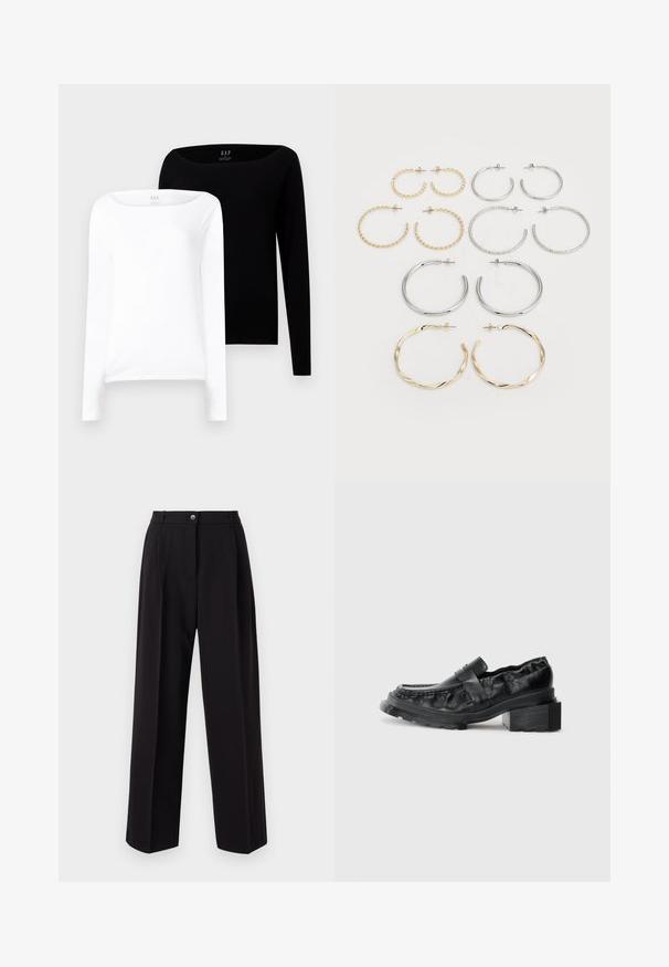 Two long-sleeve tops. One white and one black, both lightweight cotton with a wide boat neckline and slim fit.; Black wide-leg trousers made from lightweight fabric. Features a button front, two side pockets, and a tailored waistband. No visible patterns.; Black leather loafers with a structured sole, featuring a slightly raised block heel and a textured upper, secured by a front strap.; Set of twelve hoop earrings in silver and gold tones. Includes twisted, smooth, and textured designs with various sizes and finishes.