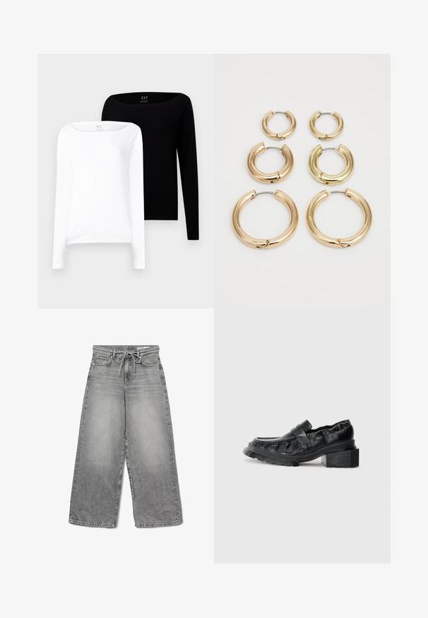 Δύο μπλούζες με μακριά μανίκια. Μία λευκή και μία μαύρη, και οι δύο από ελαφρύ βαμβάκι, με φαρδιά λαιμόκοψη και εφαρμοστή γραμμή.; Φαρδιά γκρίζα τζιν παντελόνια με ξεθωριασμένο φινίρισμα, μέση με κορδόνι και παραδοσιακό σχέδιο πέντε τσεπών, με ορατές ραφές.; Μαύρες δερμάτινες λοφάερες με δομημένη σόλα, που διαθέτουν ελαφρώς ανυψωμένο τακούνι σε σχήμα μπλοκ και υφή στην πάνω πλευρά, ασφαλισμένες με μια μπροστινή ζώνη.; Έξι ζευγάρια χρυσών σκουλαρικιών κρίκων που είναι τοποθετημένα κατά μέγεθος σε δύο στήλες σε λευκό φόντο, με ομαλή, χοντρή σχεδίαση.