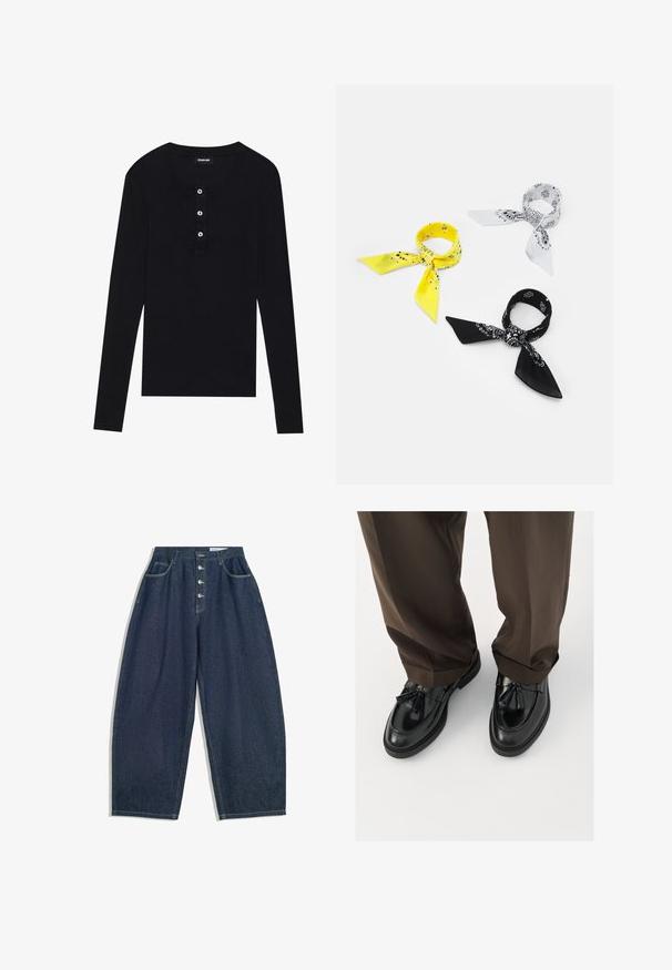 Černý top s dlouhým rukávem vyrobený z měkké tkaniny, s kulatým výstřihem, zapínáním na tři knoflíky a přiléhavými rukávy.; Tmavě modré denimové kalhoty s širokými nohavicemi, vysokým pasem, zapínáním na pět knoflíků a pěti kapsami. Obsahují švy s vypracovanými detaily.; Černé kožené mokasíny s kulatou špičkou, ozdobnými třásněmi a texturovaným prošíváním, v kombinaci s hnědými, mírně volnými kalhotami.; Tři bandany: jedna žlutá s černými vzory, jedna bílá s černými designy a jedna černá s bílými grafikami. Všechny jsou čtvercové, vyrobené z lehkého materiálu.