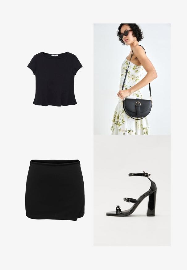 Top nero a maniche corte realizzato in un tessuto morbido, con scollatura rotonda e orlo svasato con dettagli di cucitura discreti.; Gonna nera con vita elastica, caratterizzata da un design avvolgente. Realizzata in un tessuto morbido, ha una silhouette semplice e pulita. Nessun dettaglio aggiuntivo.; Sandali con tacco in vernice nera, con punta squadrata, cinturini alla caviglia e fibbie in argento. Presentano un tacco a blocco spesso per maggiore stabilità.; Borsa a tracolla nera in pelle con una forma curva, manico rimovibile e accessori dorati. La borsa presenta una patta con un dettaglio a fibbia.