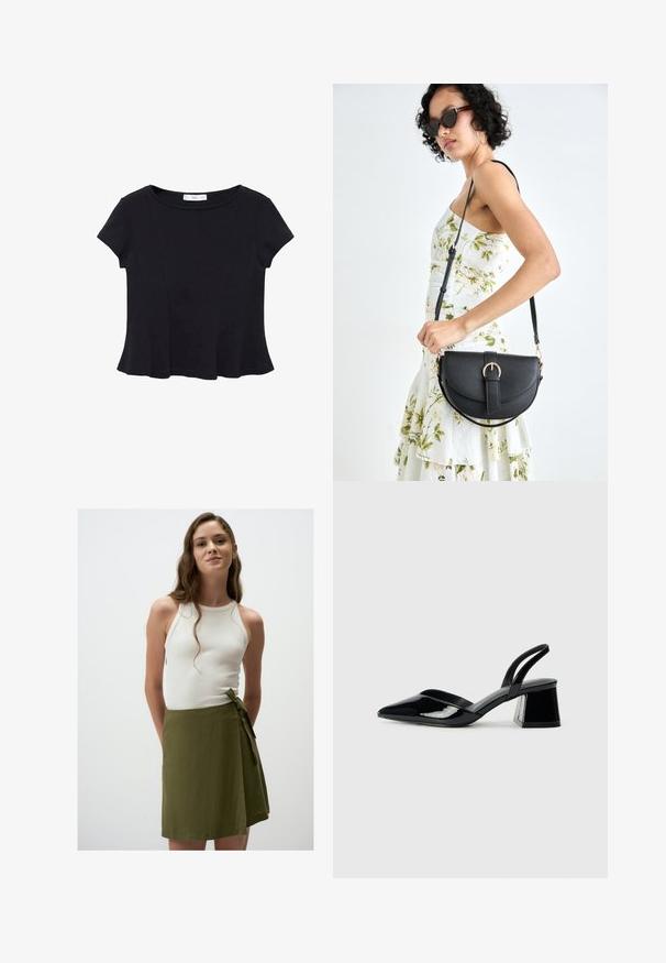 Zwarte korte mouwen top van zacht materiaal, met een ronde halslijn en een uitlopende onderkant met subtiele naaddetail. ; Witte geribde tanktop gecombineerd met een olijfgroene wikkelrok tot de knie met een strik in de taille. Soepele, lichte stof.; Zwarte gepatineerde leren slingback hakken met een spitse neus en een geometrische blokhak. Kenmerkt zich door een slank, minimalistisch ontwerp en een gladde textuur.; Zwarte leren handtas met een gebogen vorm, afneembare schouderband en gouden hardware. De tas heeft een klep met een gespsluiting.