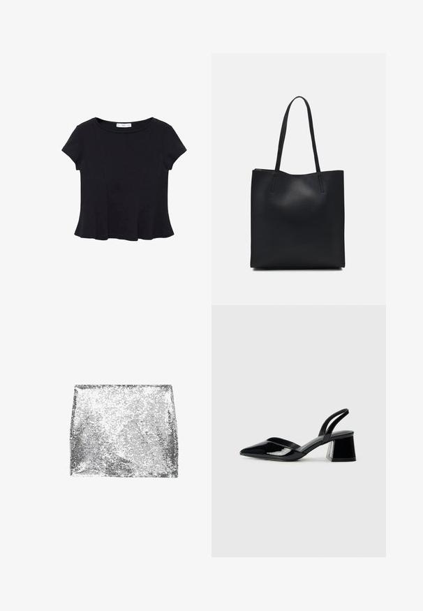 Črna majica s kratkimi rokavi iz mehkega materiala, z zaobljenim izrezom in razširjenim robom s subtilnim šivnim detajlom.; Srebrna torbica za ključe, prekrita s sviletnicami, pravokotne oblike, gladke teksture, odsevne površine in brezšivne zasnove brez vidne opreme.; Črne lakirane slingback pete s koničastim nosom in geometrijsko blokasto peto. Imajo eleganten, minimalističen dizajn in gladko teksturo.; Črna usnjena torba s svilnato teksturo, pravokotne oblike in dvema dolgima ročajema. Brez vidnih metalnih delov ali okrasnih elementov.; Srebrn dvojni prstan z gladko, polirano površino. Ima tekoč, ukrivljen dizajn z prekrivajočimi se sekcijami za sodoben videz.