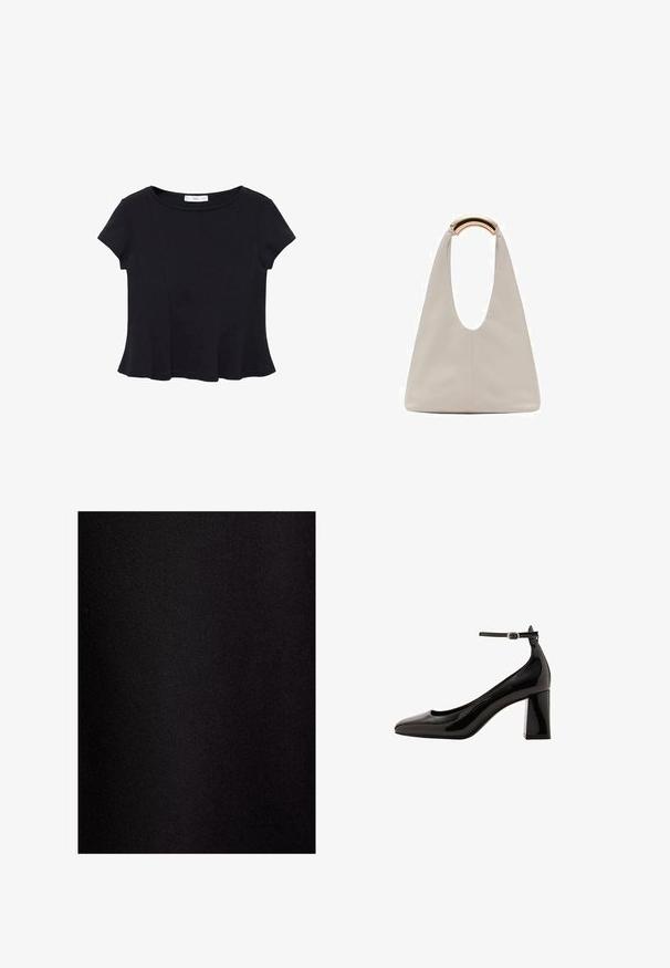 Top scurt din material moale, de culoare neagră, cu decolteu rotund și tiv evazat, având detalii discrete de cusătură.; Touché Privé Fustă maxi - black; Pantofi cu toc cu curea la gleznă din piele patentată neagră, cu un finisaj glossy, vârf ascuțit și toc gros. Textură netedă, detalii minime.; Geantă din piele gri deschis cu un design în formă de U și un mâner metalic curbat. Textură netedă cu cusături minime și fără modele vizibile.