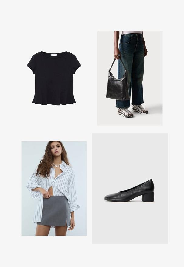 Schwarzes kurzärmeliges Top aus weichem Stoff, mit rundem Ausschnitt und ausgestelltem Saum mit dezenten Nahtdetails.; Junge Frau mit langen, lockigen Haaren, die ein weißes, gestreiftes Oversized-Hemd, einen grauen Minirock mit Schlitz vorne und eine sternförmige Halskette trägt.; Schwarze Lederpumps mit runder Zehenpartie und mittelhohem Blockabsatz. Glatte Textur mit minimalen Details, ausgestattet mit einem dezenten elastischen Einstieg.; Schwarze Leder-Schultertasche mit glatter Textur und verstellbarem Riemen, kombiniert mit ausgewaschenen weit geschnittenen Jeans und sportlichen Sneakern.