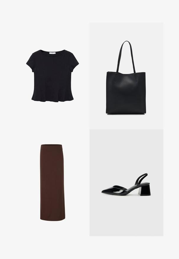 Black short-sleeve top made of soft fabric, featuring a rounded neckline and a flared hem with subtle seam detailing.; Brown midi skirt made from smooth fabric, featuring a fitted waistband and a straight silhouette with no visible patterns or accents.; Black patent leather slingback heels with a pointed toe and a geometric block heel. Features a sleek, minimal design and smooth texture.; Black leather tote bag with smooth texture, rectangular shape, and two long handles. No visible hardware or embellishments.