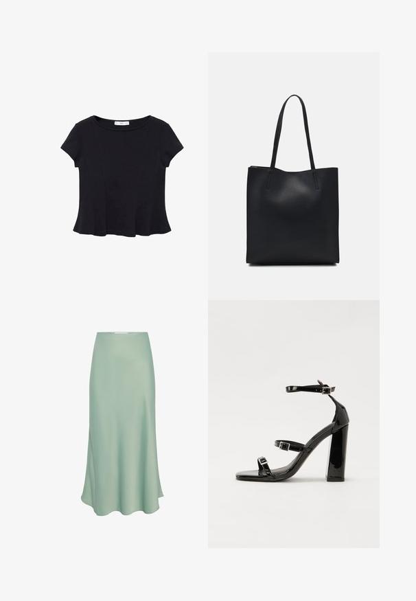 Black short-sleeve top made of soft fabric, featuring a rounded neckline and a flared hem with subtle seam detailing.; Mint green satin midi skirt with a smooth texture, featuring a slight flared shape and a side slit for added design detail.; Black patent high-heeled sandals with two buckle straps, square toe, and a chunky block heel, featuring a smooth, glossy texture.; Black leather tote bag with smooth texture, rectangular shape, and two long handles. No visible hardware or embellishments.