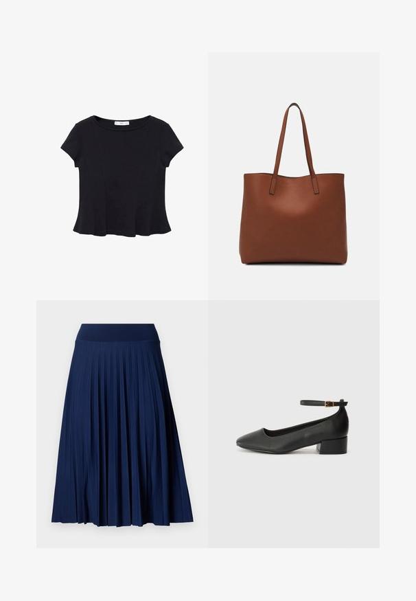 Schwarzes kurzärmeliges Top aus weichem Stoff, mit rundem Ausschnitt und ausgestelltem Saum mit dezenten Nahtdetails.; Marineblauer gefälteter Rock mit breitem Taillenbund, aus glattem Stoff gefertigt. Verfügt über vertikale Falten und reicht bis zur Mitte der Waden.; Schwarze Lederpumps mit spitzem Zehenbereich und niedrigem Blockabsatz. Mit einem Knöchelriemen und einer goldfarbenen Schnalle. Glatte Textur.; Braune Leder-Tote mit glatter Textur, offenem Oberteil und zwei Schulterriemen. Verfügt über minimale Nähte und keine sichtbaren Beschläge.