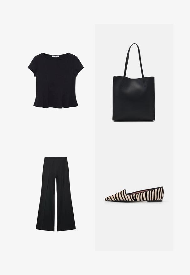 Top scurt din material moale, de culoare neagră, cu decolteu rotund și tiv evazat, având detalii discrete de cusătură.; Pantaloni negri cu croială largă, având o textură netedă, cu pliseuri frontale și un design croit. Materialul este ușor și fluid.; Pretty Ballerinas ELLA - Pantofi slip-on - nube black; Geantă tote neagră din piele, cu textură netedă, formă rectangulară și două mânere lungi. Fără hardware vizibil sau ornamente.