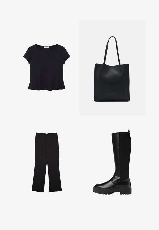 Haut noir à manches courtes en tissu doux, avec un col rond et un ourlet évasé présentant des détails de couture subtils.; Pantalon noir avec une coupe droite, doté de poches avant et d'éclairs sur l'ourlet. Fabriqué en tissu doux et lisse. Convient à diverses occasions.; Bottes noires synthétiques jusqu'aux genoux avec une finition lisse et texturée et une semelle en caoutchouc épaisse. Dotées d'une languette à l'arrière pour un enfilage facile.; Sac fourre-tout en cuir noir avec une texture lisse, de forme rectangulaire et deux longues poignées. Pas de matériel ou d'ornementations visibles.