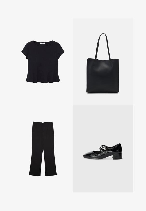 Schwarzes kurzärmeliges Top aus weichem Stoff, mit rundem Ausschnitt und ausgestelltem Saum mit dezenten Nahtdetails.; Schwarze Hose mit geradem Schnitt, ausgestattet mit Fronttaschen und Seitenschlitzen am Saum. Hergestellt aus weichem, glattem Stoff. Geeignet für verschiedene Anlässe.; Schwarze Lackleder-Mary-Jane-Schuhe mit spitzem Zehenbereich, zwei verstellbaren Riemen mit runden Beschlägen und einem niedrigen Blockabsatz.; Schwarze Laptoptasche aus Leder mit glatter Textur, rechteckiger Form und zwei langen Griffen. Keine sichtbaren Beschläge oder Verzierungen.
