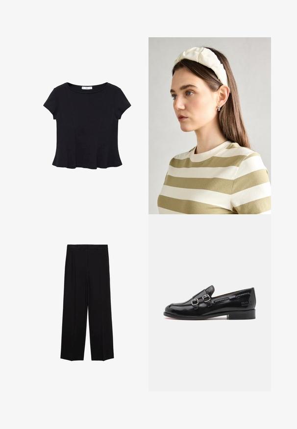 Black short-sleeve top made of soft fabric, featuring a rounded neckline and a flared hem with subtle seam detailing.; Black wide-leg trousers with a smooth fabric, featuring pleats at the front and side pockets, designed with a straight, relaxed cut.; Black patent leather loafer with dual silver buckle accents, slightly rounded toe, and a low stacked heel. Textured stitching detail along the upper.; Cream padded headband with twisted design, paired with a beige and white striped shirt featuring a round neckline. Subtle jewelry accents.