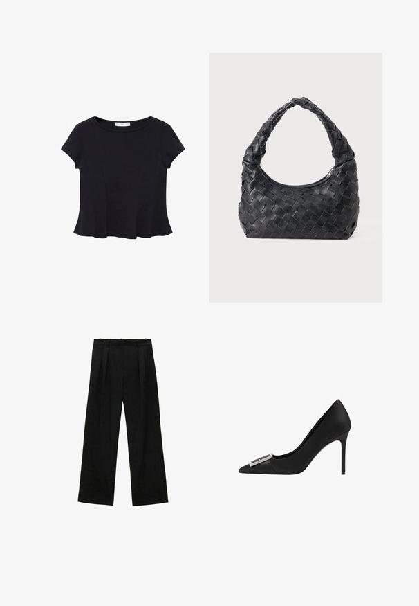Black short-sleeve top made of soft fabric, featuring a rounded neckline and a flared hem with subtle seam detailing.; Black wide-leg trousers with pleats, featuring a smooth texture and a high waist design. Minimalist style, no visible hardware or embellishments.; Black stiletto heel shoe with a pointed toe, satin material, and a silver metallic accent on the front. Smooth texture, elegant design.; Black leather woven shoulder bag with a rounded handle and crescent-shaped body on a plain background.