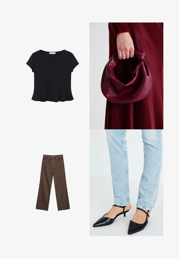 Čierny krátky rukáv top vyrobený z mäkkej tkaniny, s okrúhlym výstrihom a rozšíreným lemom s jemným švom.; Džínsy s širokými nohavicami v hnedej farbe, vyrobené z denimu, so zvýšeným pásom, prednými vreckami a klasickým zapínaním na gombík. Hladká textúra s jemným prešívaním.; Čierne kožené lodičky s úzkou špicou a nízkým opätkom, so remienkom okolo členku, spárované so svetlomodrými džínsami.; Burgundská kožená kabelka s mäkkým, zhromaždeným dizajnom a zaobleným tvarom. Rukoväť je pevne zaisťujúca a vystavuje hladkú textúru.