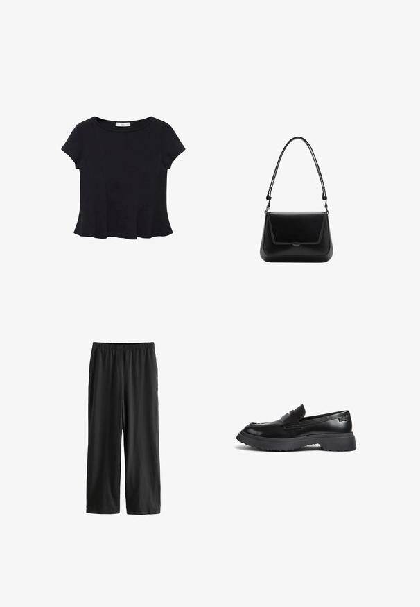 Crni kratki rukav majica od mekog materijala, s okruglim izrezom i raširenim rubom s suptilnim detaljima šavova.; Crne hlače do koljena izrađene od lagane tkanine. Elastična pojasnica i glatka tekstura s ravnim krojem. Nema vidljivih detalja ili uzoraka.; Crne kožne mokasine s debelim gumenim potplatom, trakama za novčiće i zaobljenim vrhom, prikazane sa bočne strane na bijeloj pozadini.; Mango Ručna torba - black
