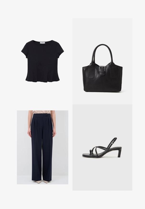 Zwarte korte mouwen top van zacht materiaal, met een ronde halslijn en een uitlopende onderkant met subtiele naaddetail. ; Marineblauwe wijde broek met plooien, een soepele textuur, hoge tailleband en zijzakken, gecombineerd met lichtgekleurde puntige schoenen.; Zwarte sandaal met bandjes, vierkante teen en een lage blokhak. Voorzien van meerdere dunne bandjes en een verstelbare enkelband. Gemaakt van zacht leer.; Zwarte leren tote bag met een gladde textuur, gestructureerde vorm, twee handvatten en een opvallend zilveren sluitingdetail aan de voorkant.